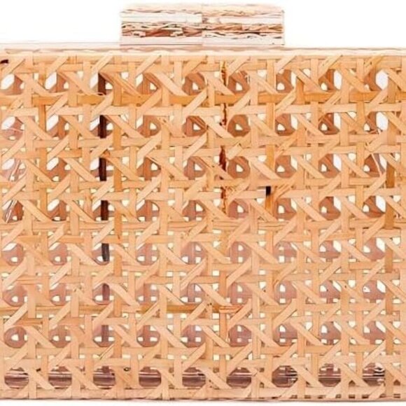 Natural Wicker Box Clutch Purse - Compact 8x8 Evening Bag with Magnetic Closure - Picture 1 of 5
